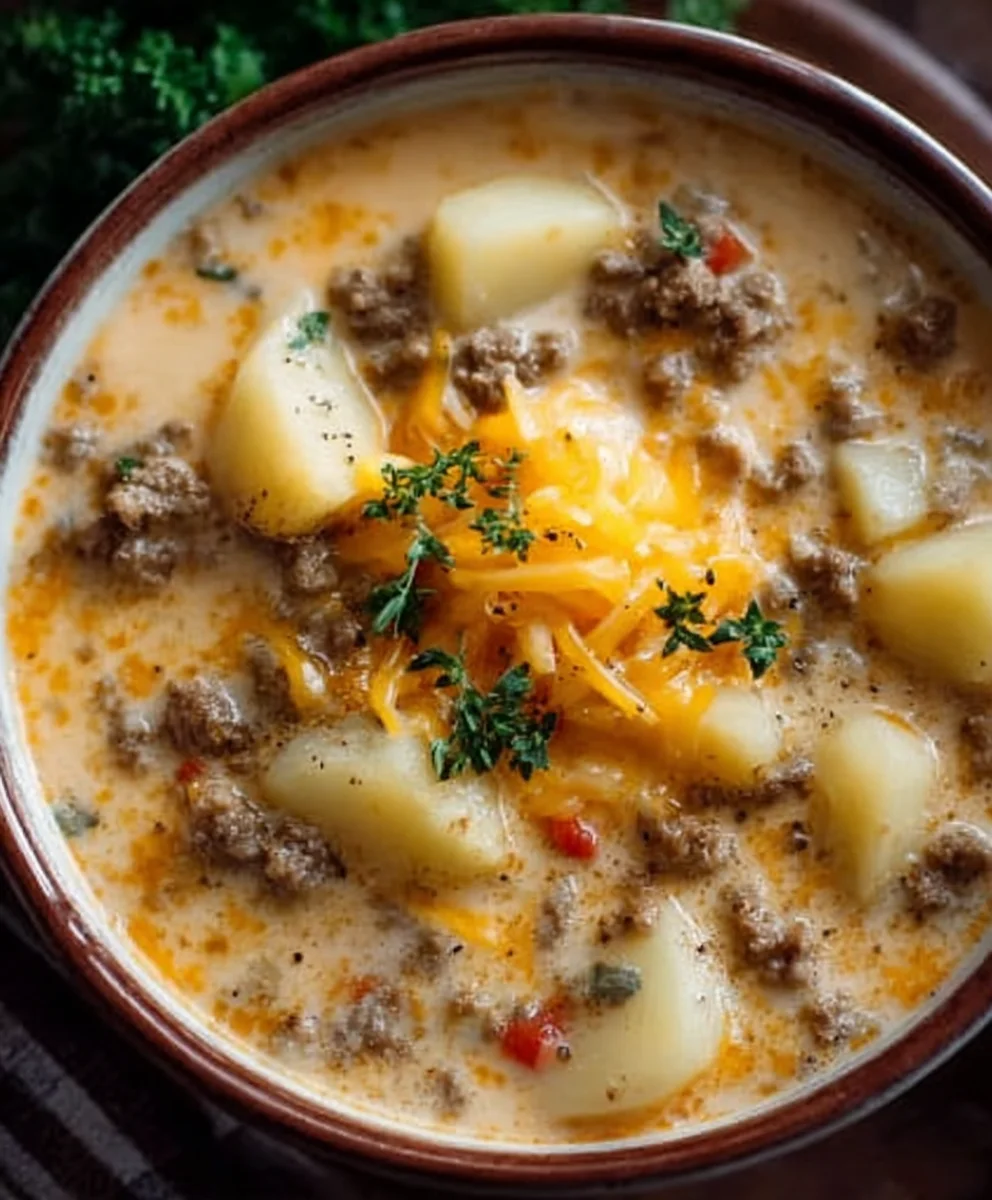 Cheesy Beef Beef Hamburger Potato Soup-Hearty & Delicious