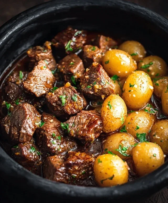 Slow Cooker Garlic Butter Beef Bites with Potatoes