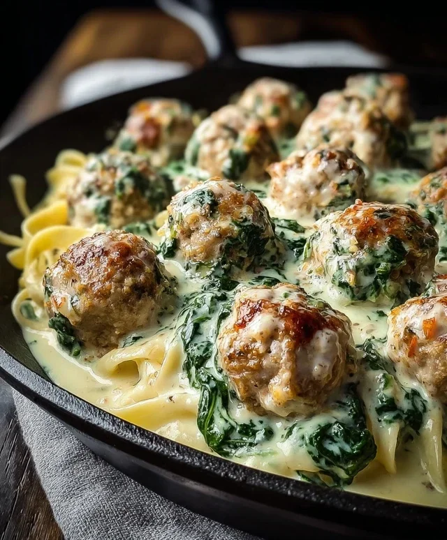 Southern Style Baked Chicken Ricotta Meatballs with Spinach Alfredo
