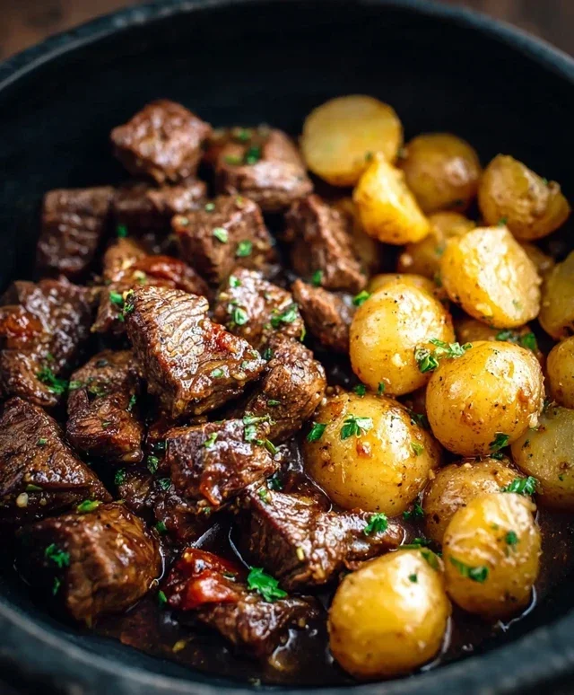 Slow Cooker Garlic Butter Beef Bites with Potatoes