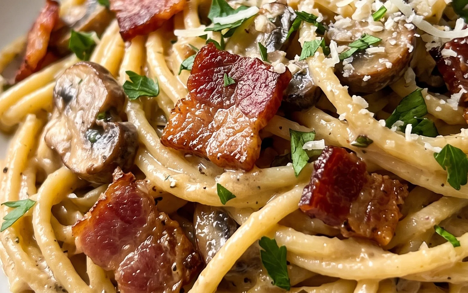 Creamy Beef Bacon and Mushroom Pasta