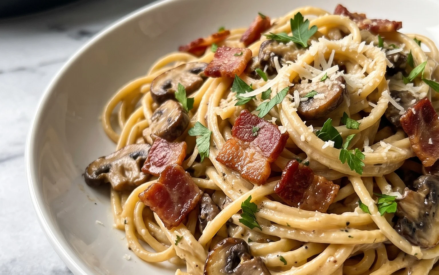 Creamy Beef Bacon and Mushroom Pasta