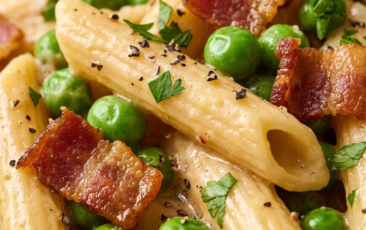 Penne Pasta, Peas and Beef Bacon