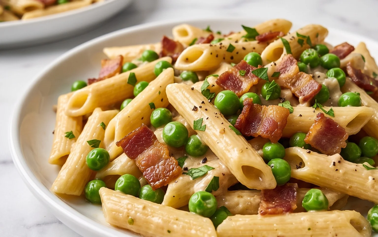 Penne Pasta, Peas and Beef Bacon