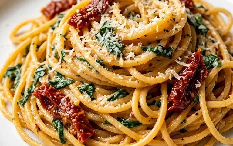 Spaghetti & Spinach with Sun-Dried Tomato Cream Sauce
