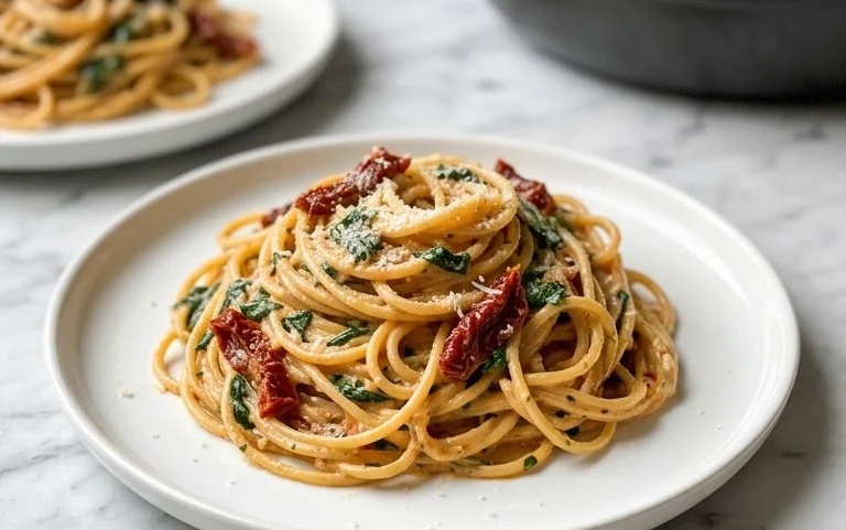 Spaghetti & Spinach with Sun-Dried Tomato Cream Sauce