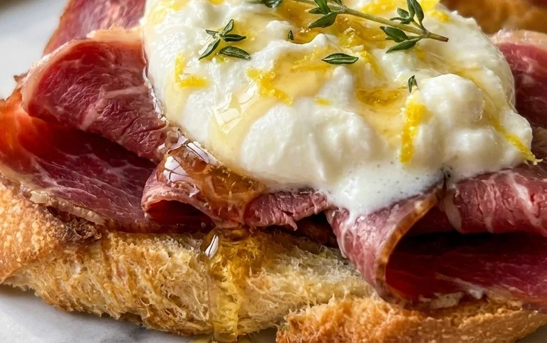 Beef Prosciutto Crostini with Burrata and Lemon Honey Drizzle