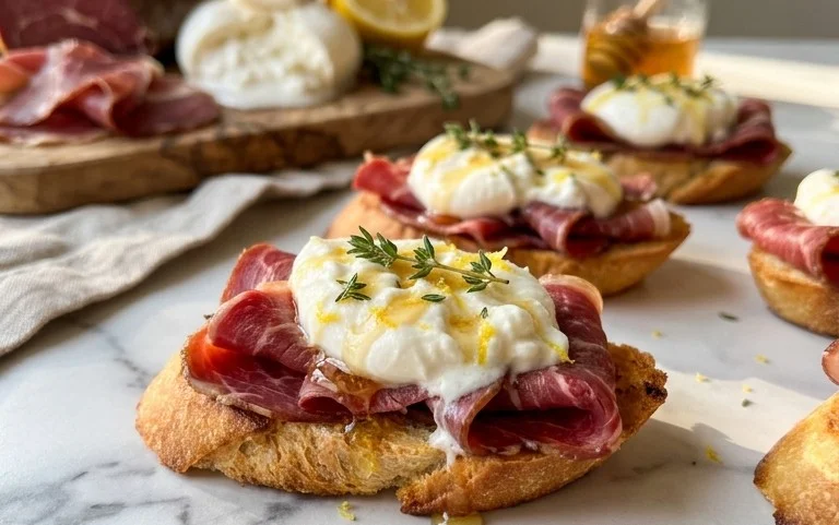 Beef Prosciutto Crostini with Burrata and Lemon Honey Drizzle